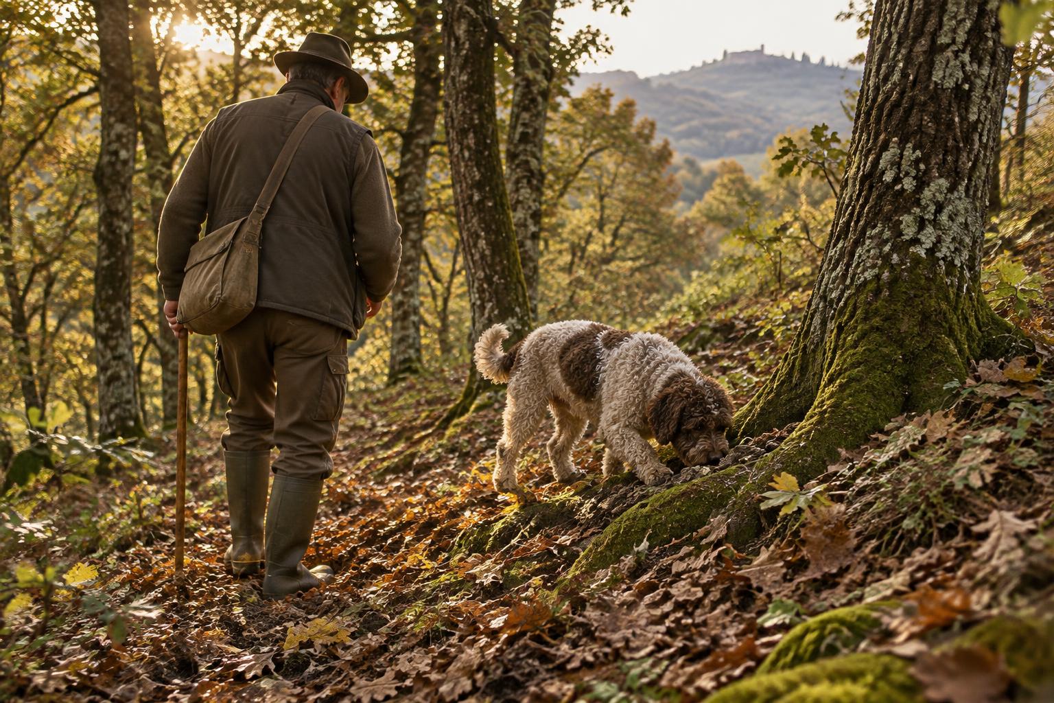Tartufaio con Lagotto in un bosco della Romagna